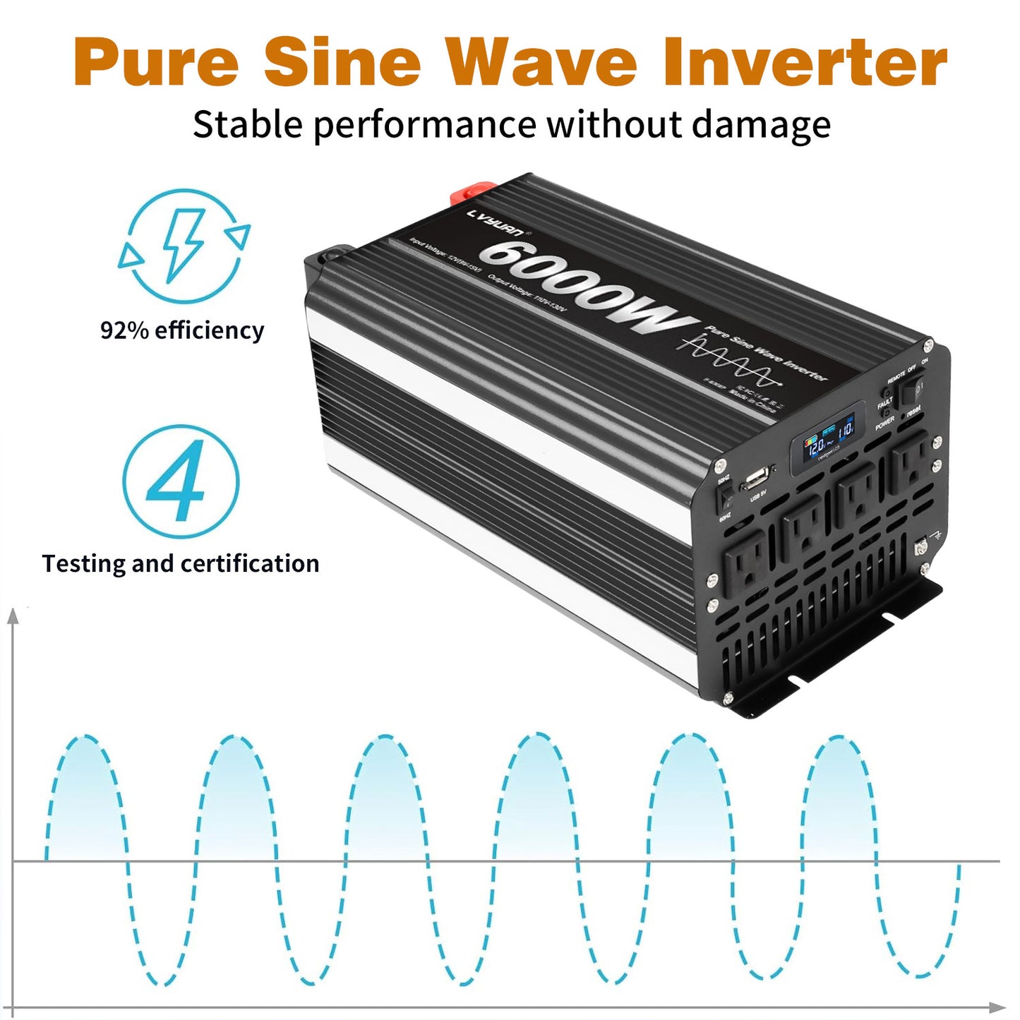 LVYUAN 3000W 6000W Peak Pure Sine Wave Power Inverter 12V DC to 110V AC Converter, 60Hz/50Hz, 4 AC Outlets + USB, LCD Display, Remote Control for Car, RV, Camping & Home Backup Black