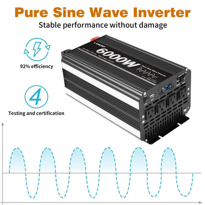 LVYUAN 3000W 6000W Peak Pure Sine Wave Power Inverter 12V DC to 110V AC Converter, 60Hz/50Hz, 4 AC Outlets + USB, LCD Display, Remote Control for Car, RV, Camping & Home Backup Black