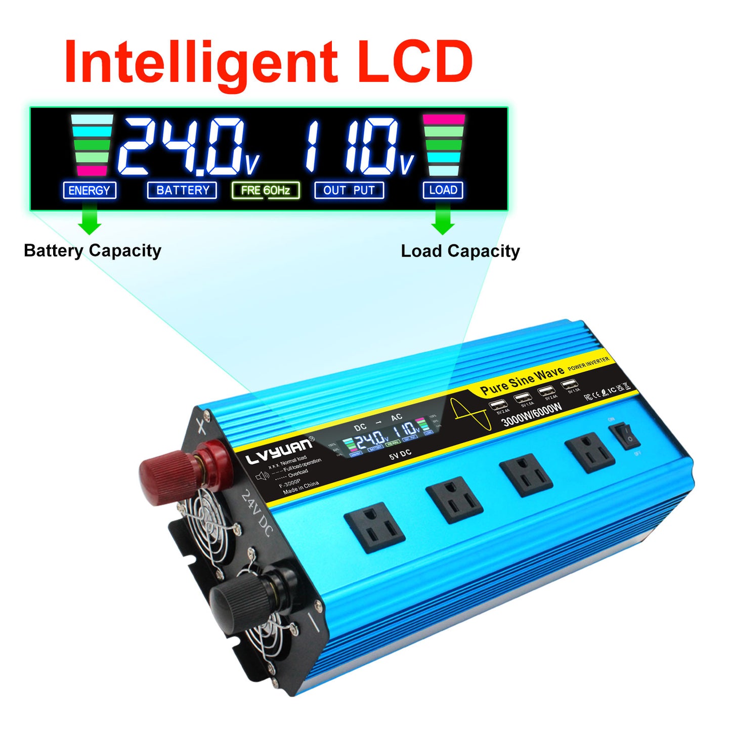 LVYUAN 3000W 6000W Pure Sine Wave Power Inverter DC 24V to AC 110V 120V Car Converter 4 AC Outlets + 4 USB LCD Display with Remote Control for Car, RV, Camping & Home Backup Blue