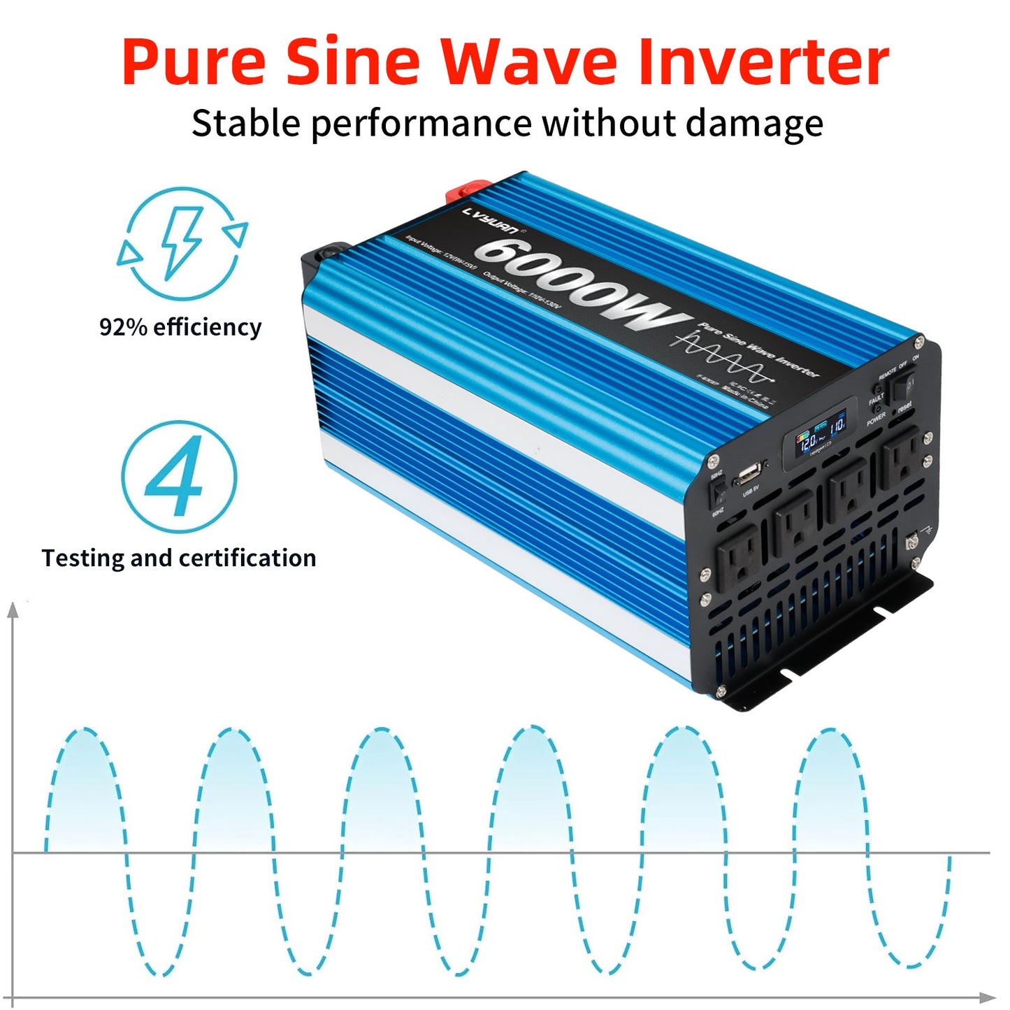 LVYUAN 3000W 6000W Peak Pure Sine Wave Power Inverter 12V DC to 110V AC Converter, 60Hz/50Hz, 4 AC Outlets + USB, LCD Display, Remote Control for Car, RV, Camping & Home Backup Blue