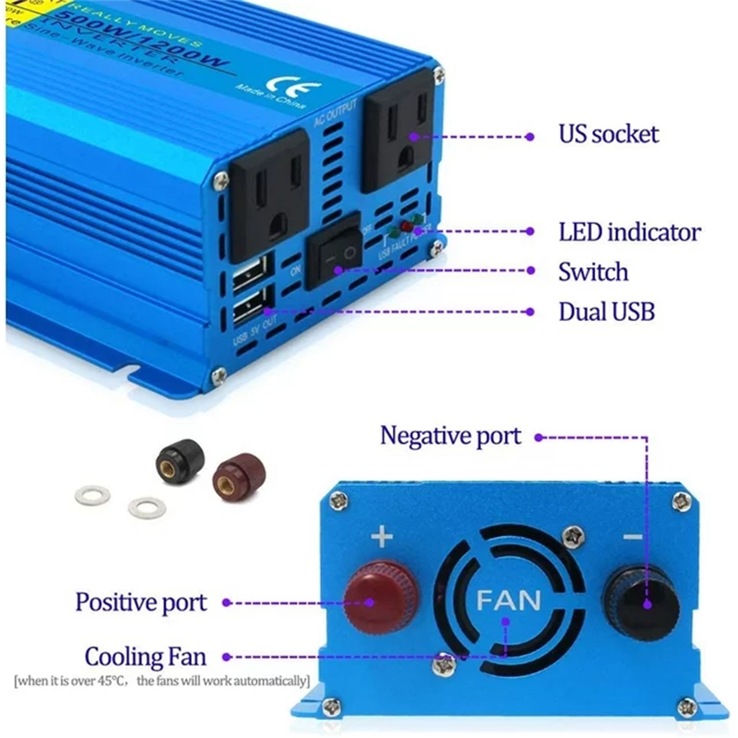 LVYUAN 500 Watts 1200 Watts Pure Sine Wave Power Inverter DC 12V to AC 110V 120V Car Battery Converter Charger Adapter 2USB 2AC for Laptops, RVs, Trucks