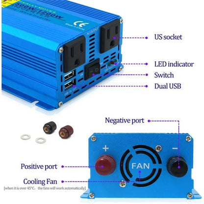 LVYUAN 500 Watts 1200 Watts Pure Sine Wave Power Inverter DC 12V to AC 110V 120V Car Battery Converter Charger Adapter 2USB 2AC for Laptops, RVs, Trucks