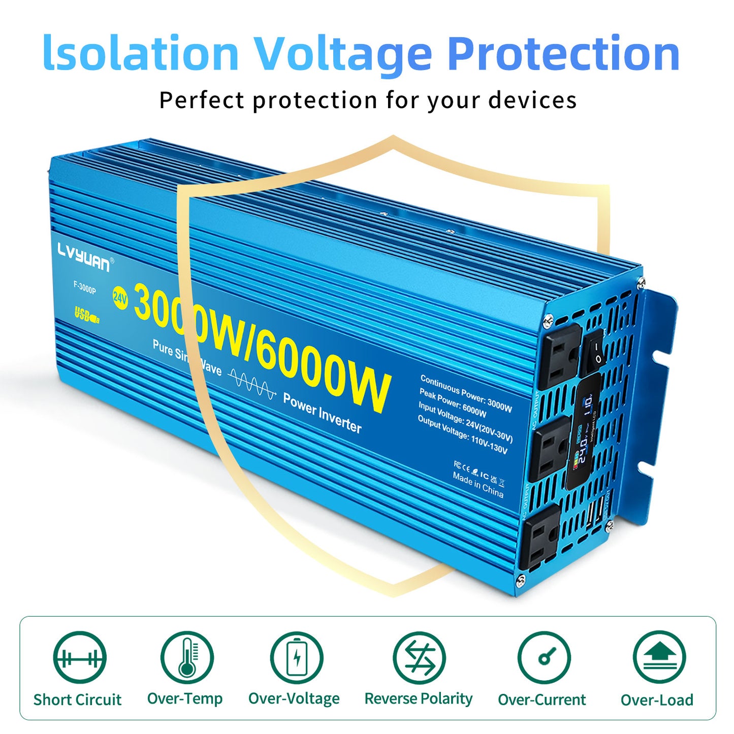 LVYUAN 3000W 6000W Peak Power Inverter DC 24V to AC 110V Pure Sine Wave Car Battery Inverter 3 AC Outlets & 2 USB Charger Adapter LCD Display for Car, RV, Truck, Camping, Home Backup, Emergency Power