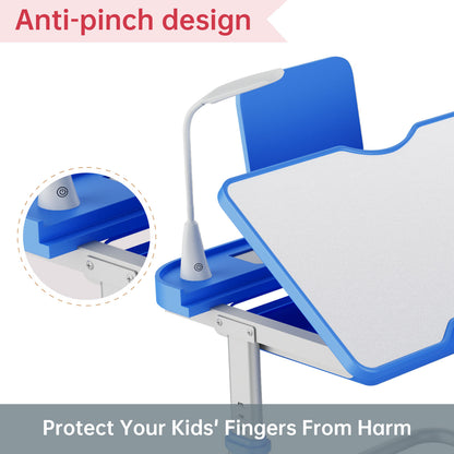 LVYUAN Kids Study Desk and Chair Set Height Adjustable Children School Study Drawing Desk Chair with LED Lamp, Tilt Desktop, Storage Drawer, Book Stand Blue