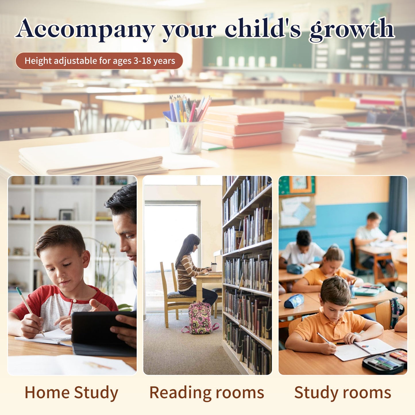 Kids Study Desk and Chair Set, LVYUAN Height Adjustable Children School Study Drawing Desk, Ergonomic Kids Table Desk and Chair Set with Storage Drawer, Hook, Bracket, Pen Slot for Ages 3-18 Gray