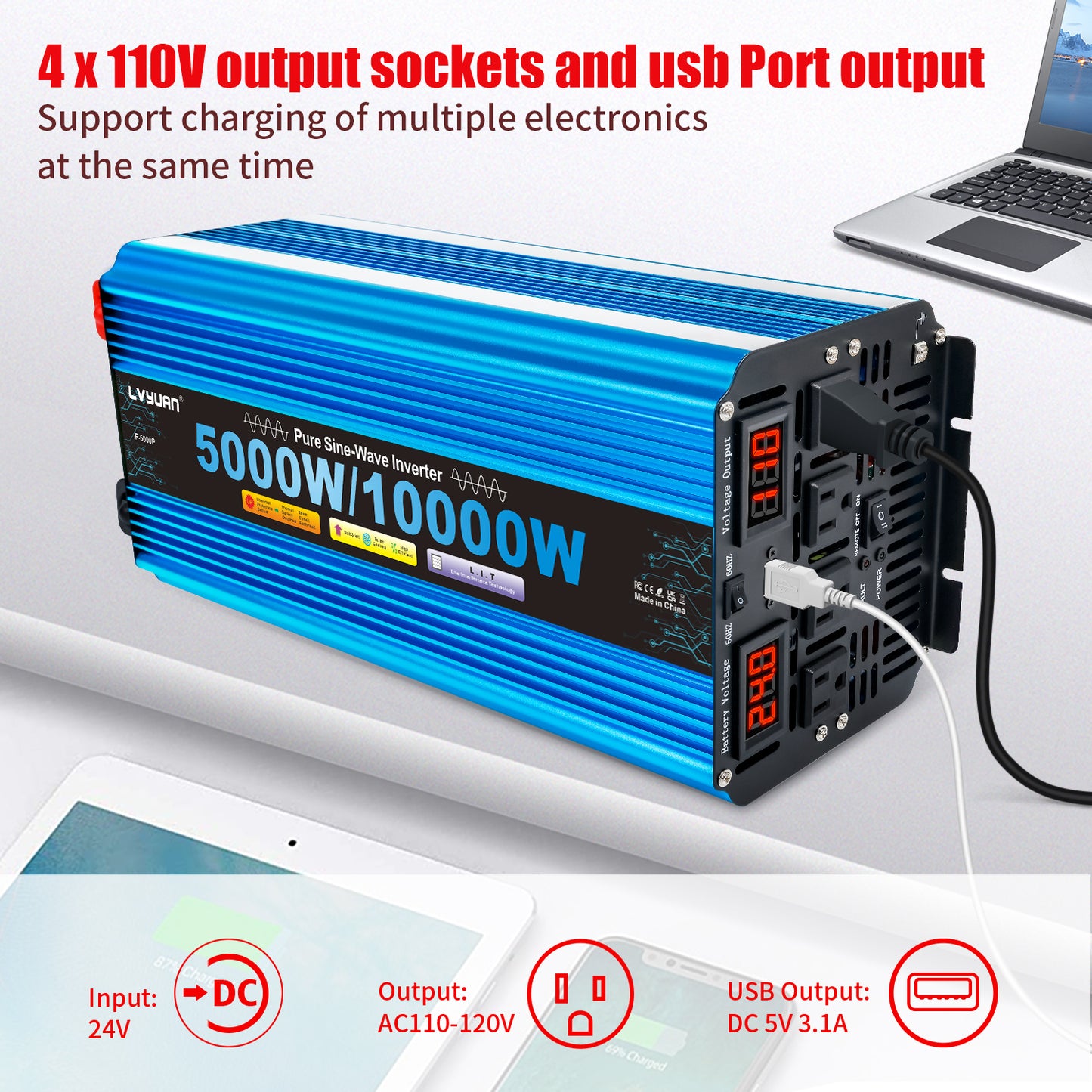 LVYUAN 5000W 10000W Peak Pure Sine Wave Power Inverter 24V DC to 110V AC Converter, 60Hz/50Hz, 4 AC Outlets + USB, LED Display, Remote Control for Car, RV, Camping & Home Backup