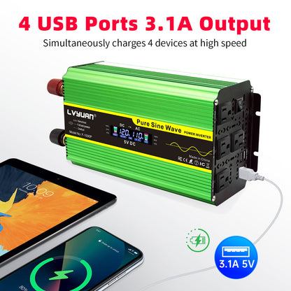LVYUAN 2000W 4000W Pure Sine Wave Power Inverter DC 12V to AC 110V 120V Car Converter 4 AC Outlets + 4 USB LCD Display with Remote Control for Car, RV, Camping & Home Backup Green