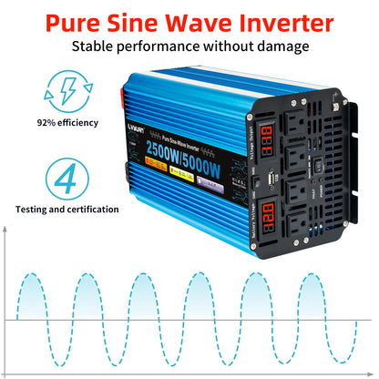 LVYUAN 2500W 5000W Peak Pure Sine Wave Power Inverter 12V DC to 110V AC Converter, 60Hz/50Hz, 4 AC Outlets + USB, LED Display, Remote Control for Car, RV, Camping & Home Backup