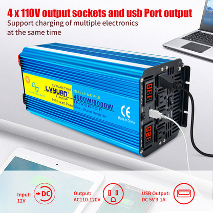 LVYUAN 4000W 8000W Peak Pure Sine Wave Power Inverter 12V DC to 110V AC Converter, 60Hz/50Hz, 4 AC Outlets + USB, LED Display, Remote Control for Car, RV, Camping & Home Backup