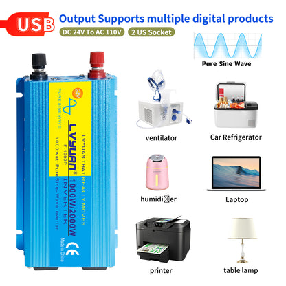 LVYUAN 1000W 2000W Peak Power Inverter DC 24V to AC 110V Pure Sine Wave Car Battery Inverter 2 AC Outlets & 2 USB Charger Adapter for Car, RV, Truck, Camping, Home Backup, Emergency Power