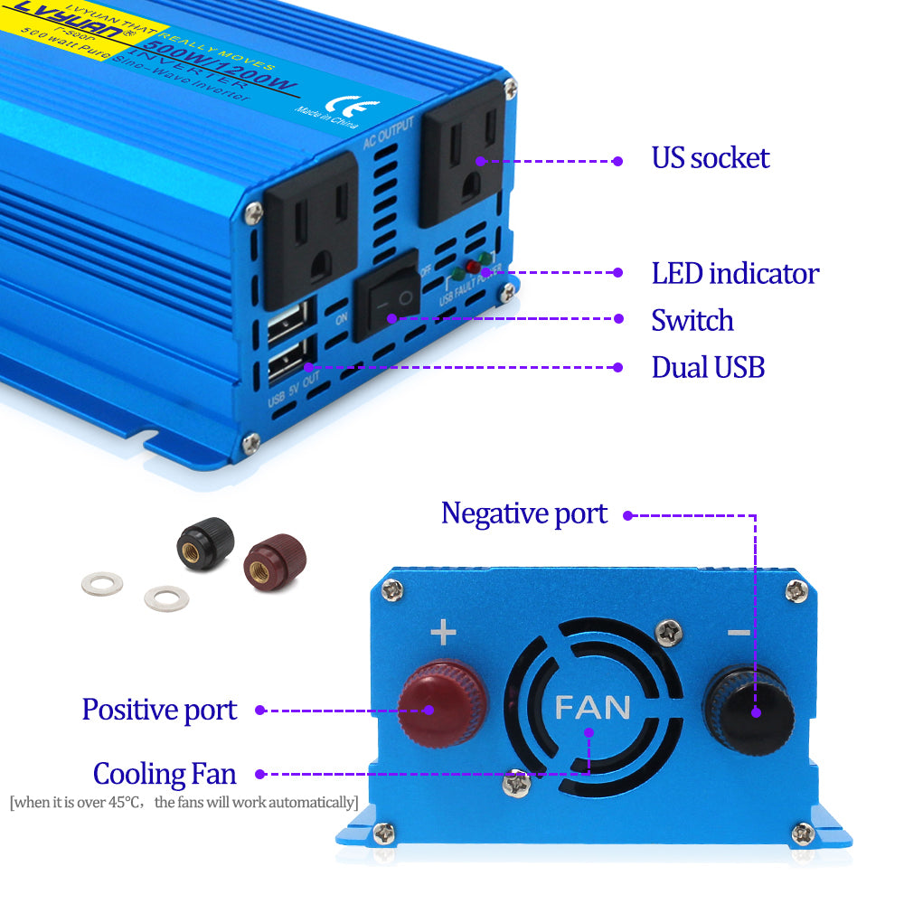 LVYUAN 500 Watts 1200 Watts  Pure Sine Wave Car Power Inverter 24V DC to 110V/120V AC Car Battery Converter Charger Adapter 2USB 2AC for Laptops, RVs, Trucks