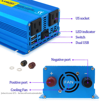 LVYUAN 500 Watts 1200 Watts  Pure Sine Wave Car Power Inverter 24V DC to 110V/120V AC Car Battery Converter Charger Adapter 2USB 2AC for Laptops, RVs, Trucks