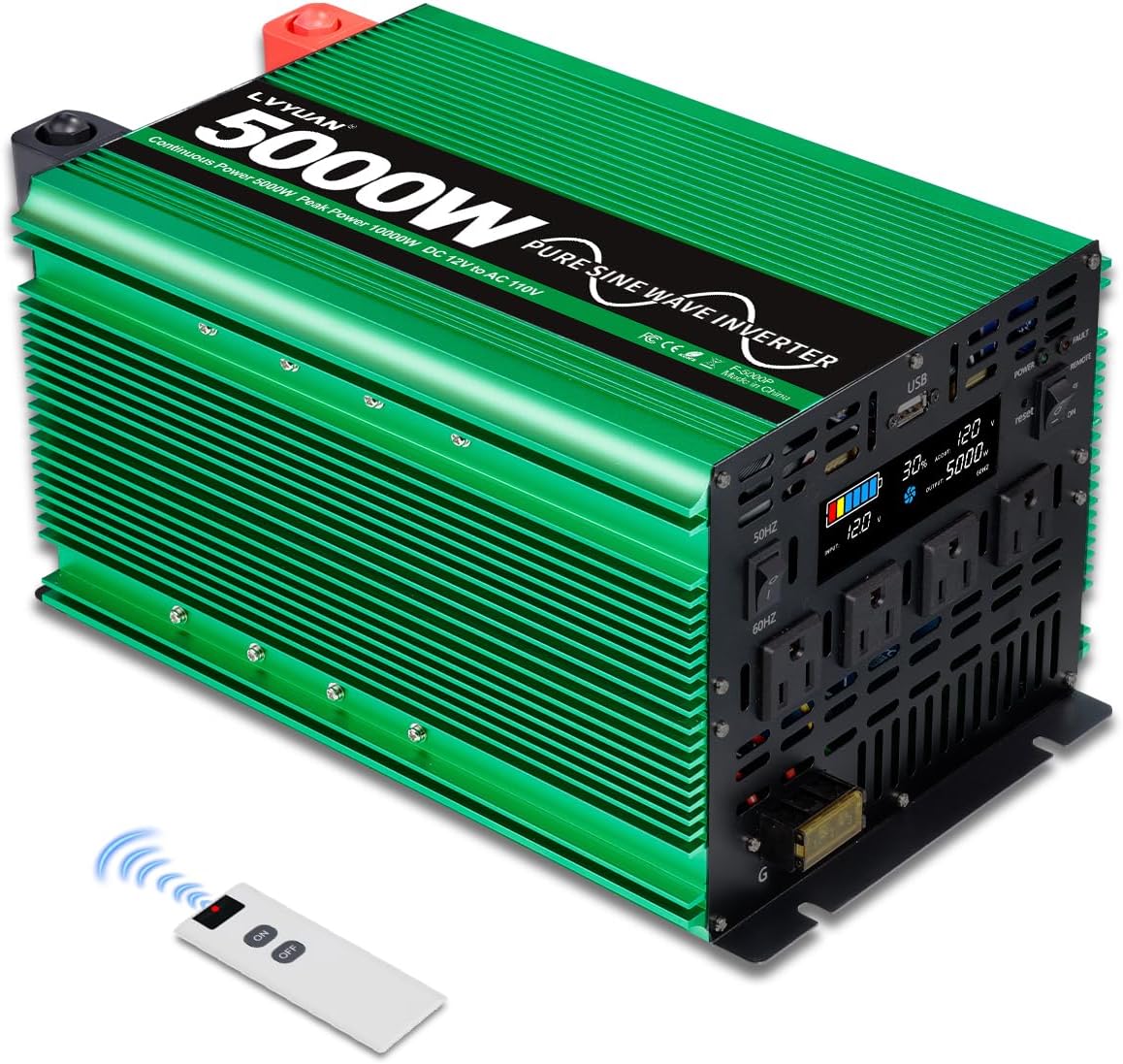 LVYUAN 5000W Pure Sine Wave Power Inverter 12V DC to 110V AC Converter with LCD Display, 4 AC Outlets, USB Port & Remote Control for RV, Home, Car, Camping