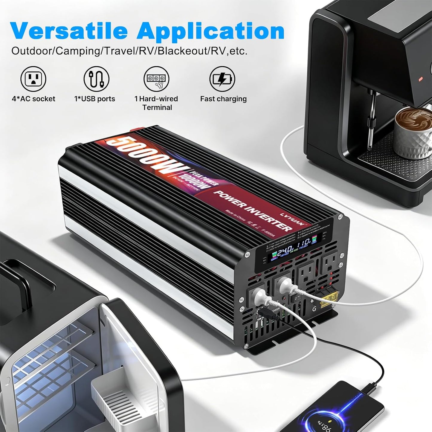 LVYUAN 5000W Power Inverter 24V to 110V/120V with 4 AC Outlets, LCD Display & Remote - for RV, Truck, Solar Systems & Off-Grid Use