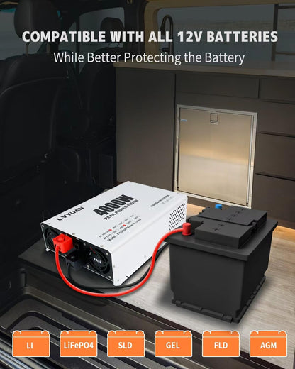 LVYUAN 4000W Power Inverter 12V to 110V/120V DC to AC Converter - 4 AC Outlets, LCD Display, USB Port & Remote Control for RV, Camping & Home