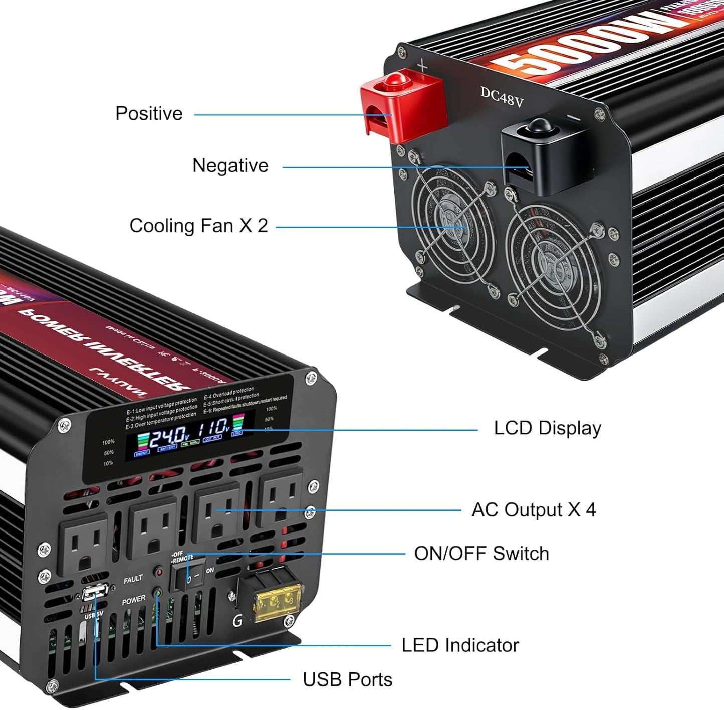 LVYUAN 5000W Power Inverter 24V to 110V/120V with 4 AC Outlets, LCD Display & Remote - for RV, Truck, Solar Systems & Off-Grid Use