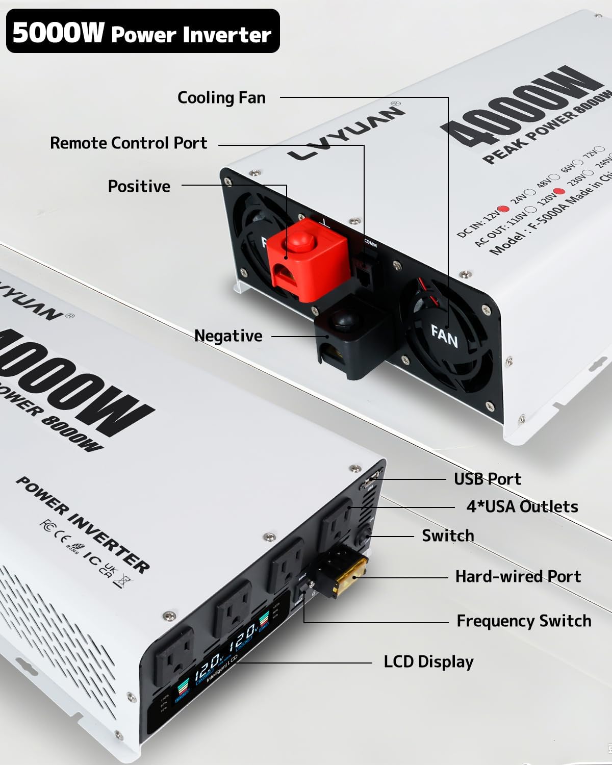 LVYUAN 4000W Power Inverter 12V to 110V/120V DC to AC Converter - 4 AC Outlets, LCD Display, USB Port & Remote Control for RV, Camping & Home