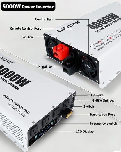 LVYUAN 4000W Power Inverter 12V to 110V/120V DC to AC Converter - 4 AC Outlets, LCD Display, USB Port & Remote Control for RV, Camping & Home