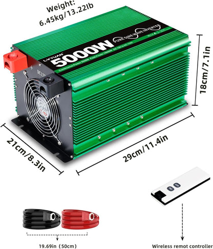 LVYUAN 5000W Pure Sine Wave Power Inverter 12V DC to 110V AC Converter with LCD Display, 4 AC Outlets, USB Port & Remote Control for RV, Home, Car, Camping