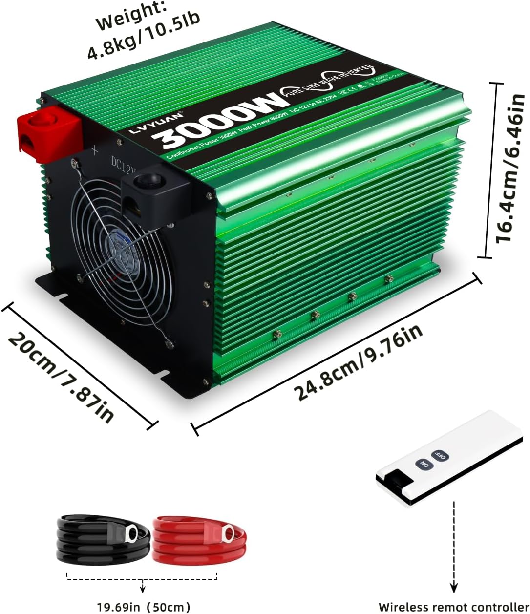 LVYUAN 3000W Pure Sine Wave Power Inverter 12V DC to 110V AC Converter with LCD Display, 4 AC Outlets, USB Port & Remote Control for RV, Home, Car, Camping