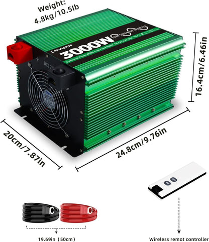 LVYUAN 3000W Pure Sine Wave Power Inverter 12V DC to 110V AC Converter with LCD Display, 4 AC Outlets, USB Port & Remote Control for RV, Home, Car, Camping