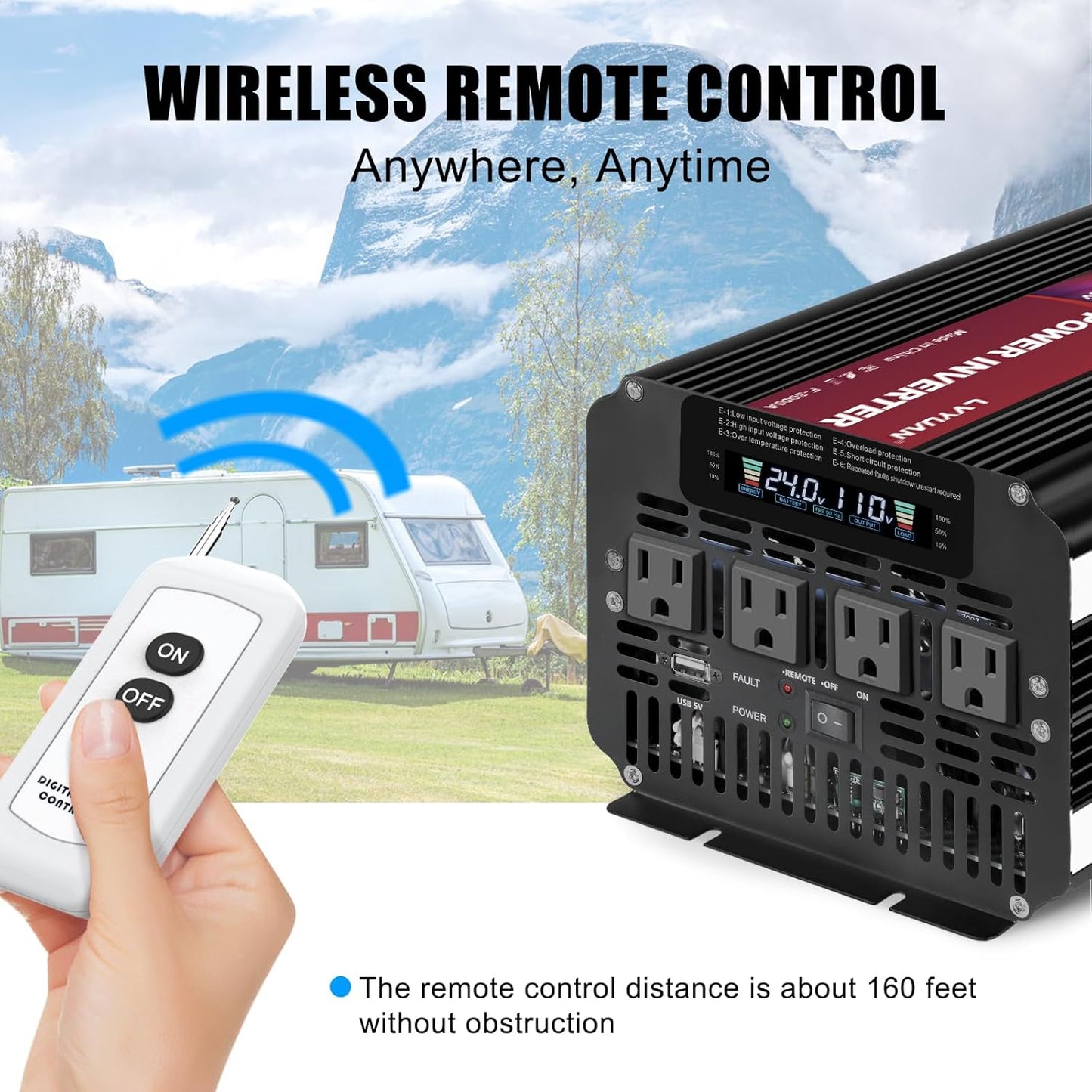 LVYUAN 4000W Power Inverter 24V to 110V/120V with 4 AC Outlets, LCD Display & Remote - for RV, Truck, Solar Systems & Off-Grid Use