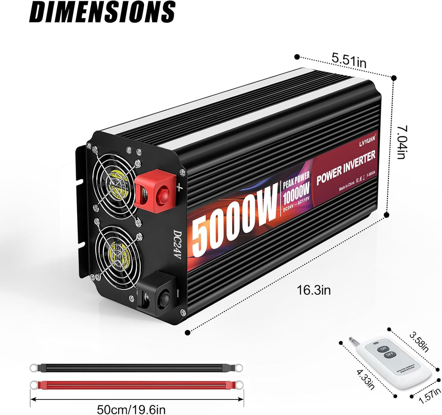 LVYUAN 5000W Power Inverter 24V to 110V/120V with 4 AC Outlets, LCD Display & Remote - for RV, Truck, Solar Systems & Off-Grid Use