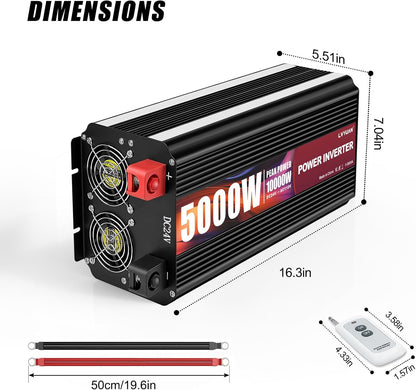 LVYUAN 5000W Power Inverter 24V to 110V/120V with 4 AC Outlets, LCD Display & Remote - for RV, Truck, Solar Systems & Off-Grid Use