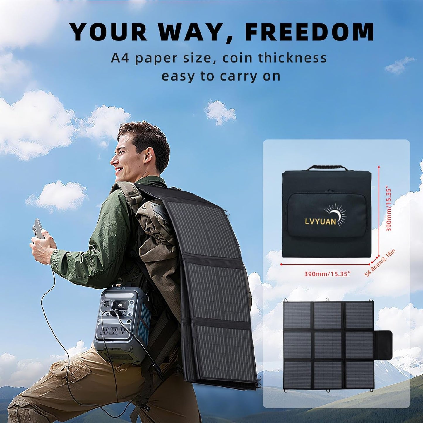 LVYUAN 300W Portable Solar Panel – Ultra-Compact Foldable 20V Solar Charger for Power Stations & Outdoor Camping