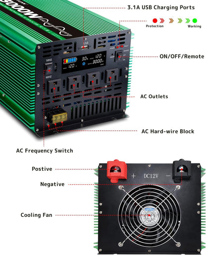 LVYUAN 3000W Pure Sine Wave Power Inverter 12V DC to 110V AC Converter with LCD Display, 4 AC Outlets, USB Port & Remote Control for RV, Home, Car, Camping