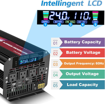 LVYUAN 5000W Power Inverter 24V to 110V/120V with 4 AC Outlets, LCD Display & Remote - for RV, Truck, Solar Systems & Off-Grid Use