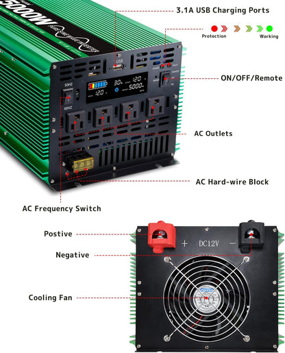 LVYUAN 5000W Pure Sine Wave Power Inverter 12V DC to 110V AC Converter with LCD Display, 4 AC Outlets, USB Port & Remote Control for RV, Home, Car, Camping