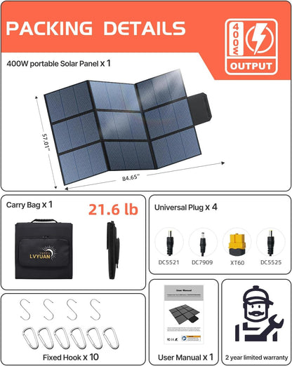 LVYUAN 400W Portable Solar Panel – Ultra-Compact Foldable 20V Solar Charger for Power Stations & Outdoor Camping