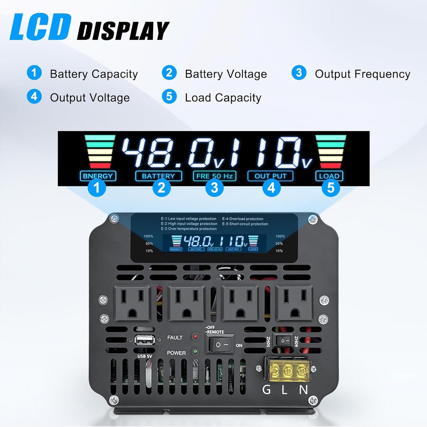LVYUAN 5000W Power Inverter 48V to 110V/120V with 4 AC Outlets, LCD Display & Remote - for RV, Truck, Solar Systems & Off-Grid Use