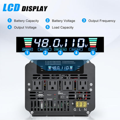 LVYUAN 5000W Power Inverter 48V to 110V/120V with 4 AC Outlets, LCD Display & Remote - for RV, Truck, Solar Systems & Off-Grid Use