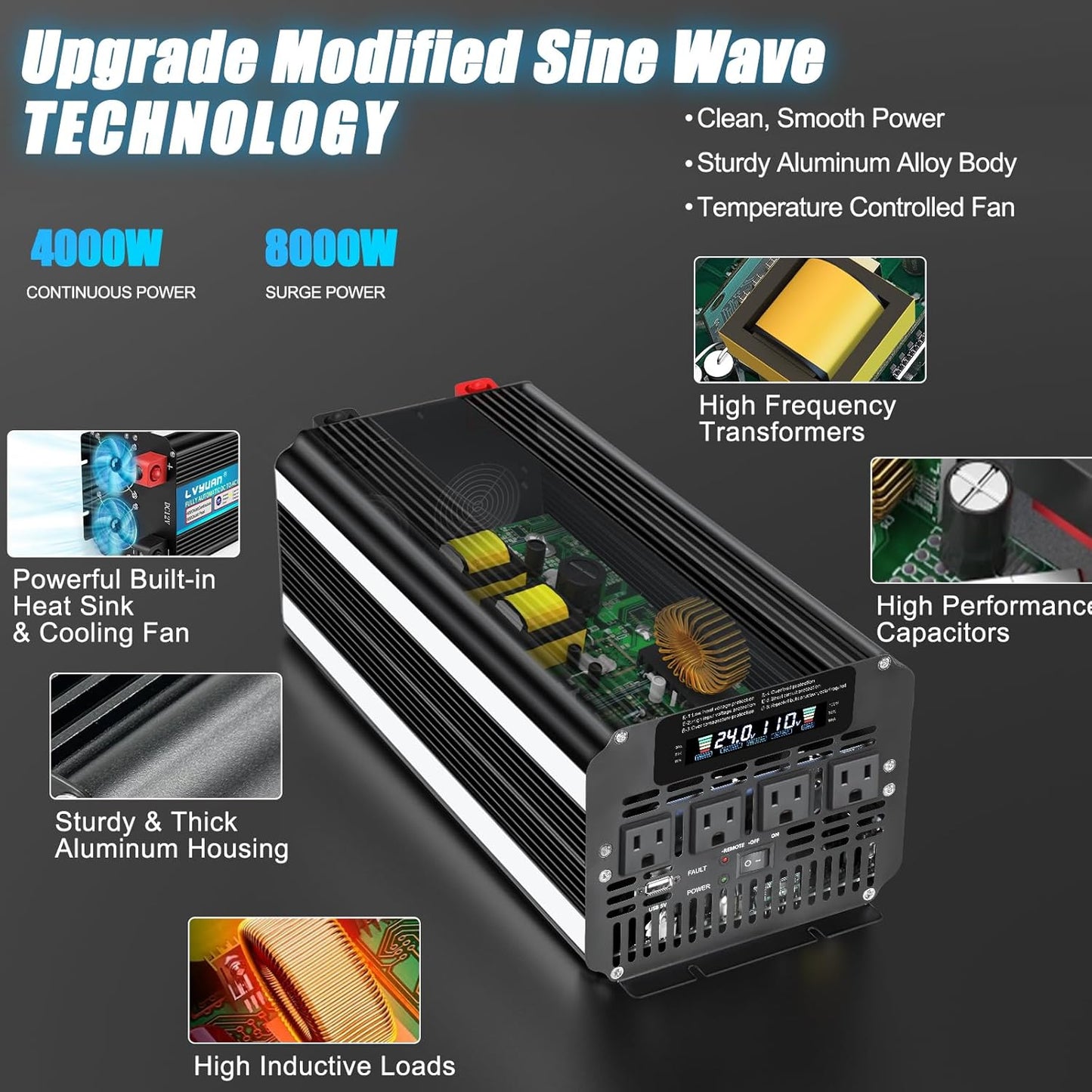 LVYUAN 4000W Power Inverter 24V to 110V/120V with 4 AC Outlets, LCD Display & Remote - for RV, Truck, Solar Systems & Off-Grid Use