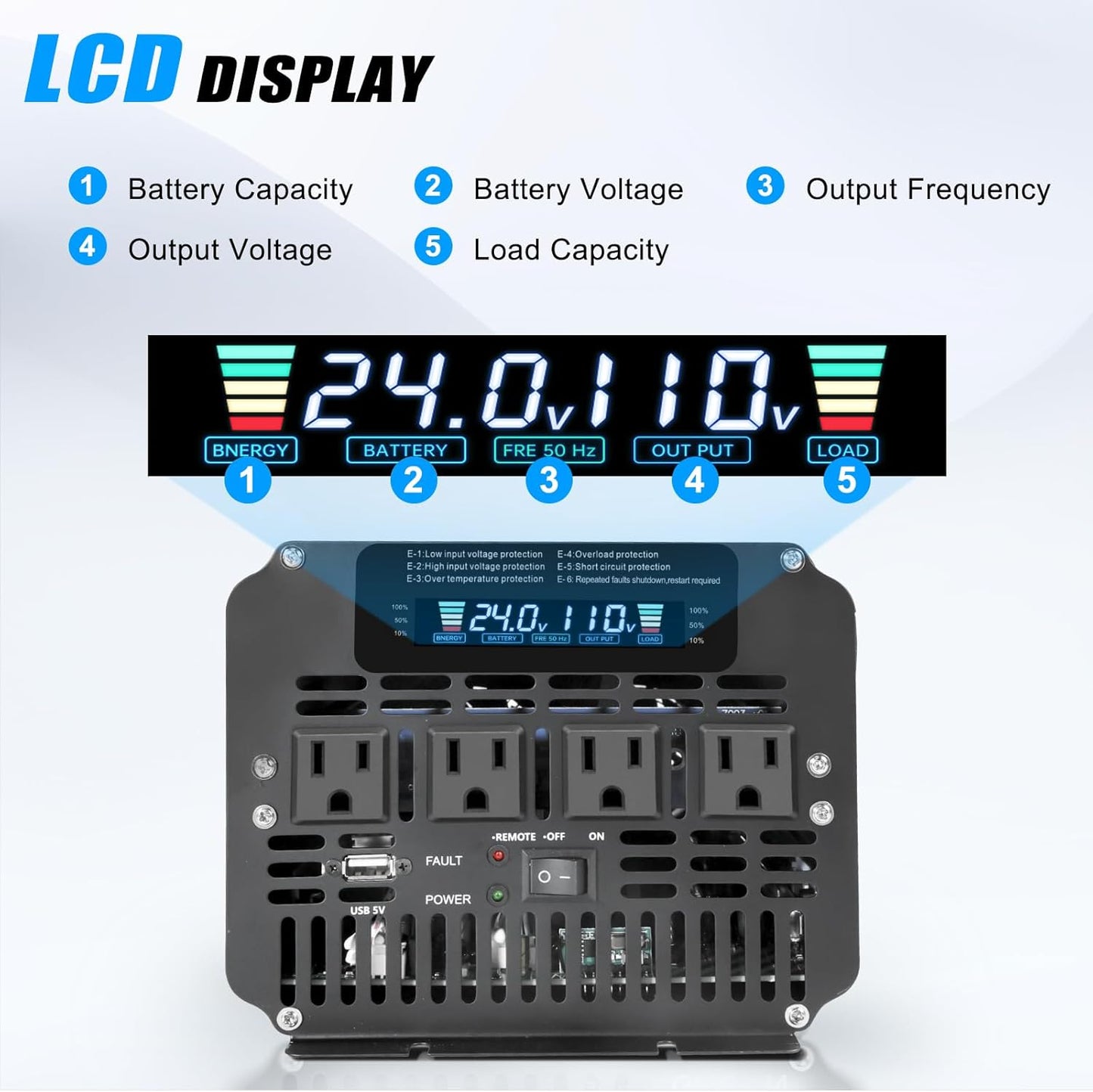LVYUAN 4000W Power Inverter 24V to 110V/120V with 4 AC Outlets, LCD Display & Remote - for RV, Truck, Solar Systems & Off-Grid Use