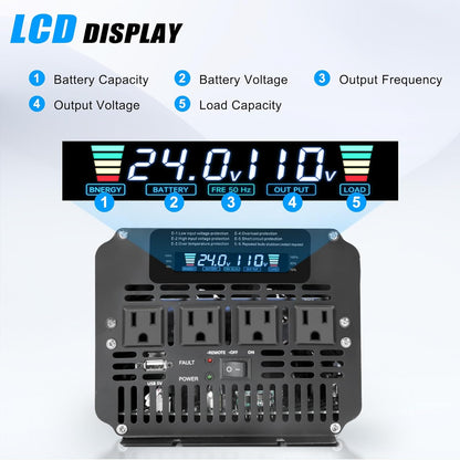 LVYUAN 4000W Power Inverter 24V to 110V/120V with 4 AC Outlets, LCD Display & Remote - for RV, Truck, Solar Systems & Off-Grid Use