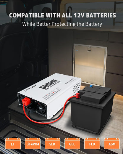 LVYUAN 5000W Power Inverter 12V to 110V/120V DC to AC Converter - 4 AC Outlets, LCD Display, USB Port & Remote Control for RV, Camping & Home