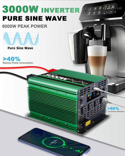 LVYUAN 3000W Pure Sine Wave Power Inverter 12V DC to 110V AC Converter with LCD Display, 4 AC Outlets, USB Port & Remote Control for RV, Home, Car, Camping