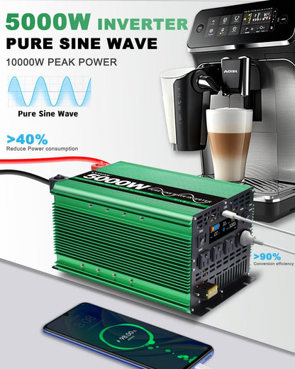 LVYUAN 5000W Pure Sine Wave Power Inverter 12V DC to 110V AC Converter with LCD Display, 4 AC Outlets, USB Port & Remote Control for RV, Home, Car, Camping