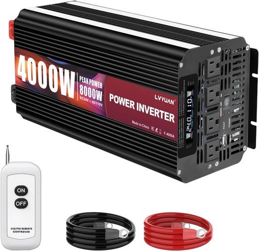 LVYUAN 4000W Power Inverter 24V to 110V/120V with 4 AC Outlets, LCD Display & Remote - for RV, Truck, Solar Systems & Off-Grid Use