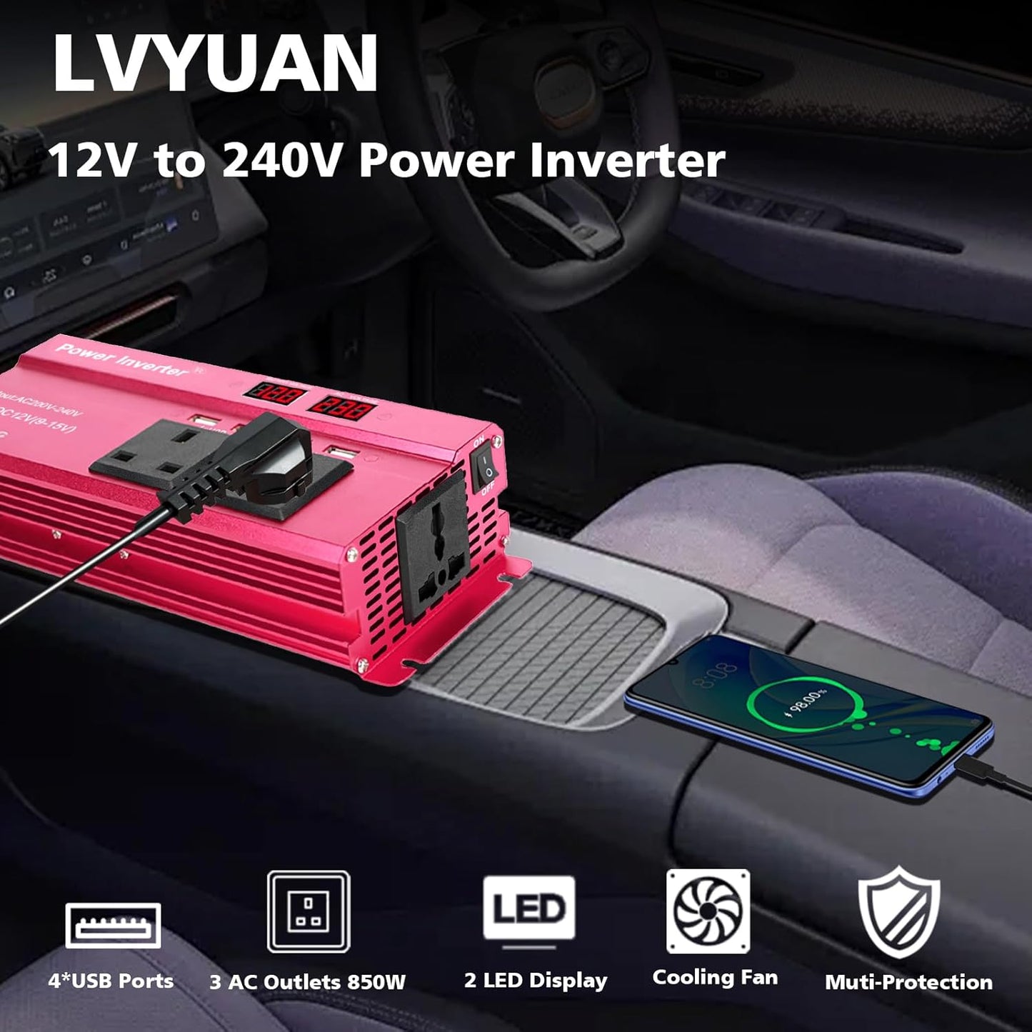 LVYUAN 1000W Wechselrichter DC 12V zu AC 110V mit LCD-Display DC zu AC Konverter