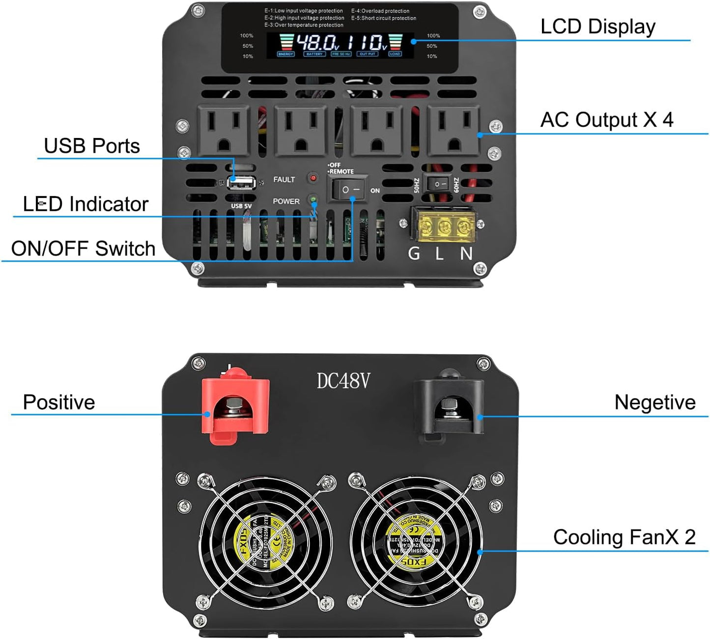 LVYUAN 5000W Power Inverter 48V to 110V/120V with 4 AC Outlets, LCD Display & Remote - for RV, Truck, Solar Systems & Off-Grid Use