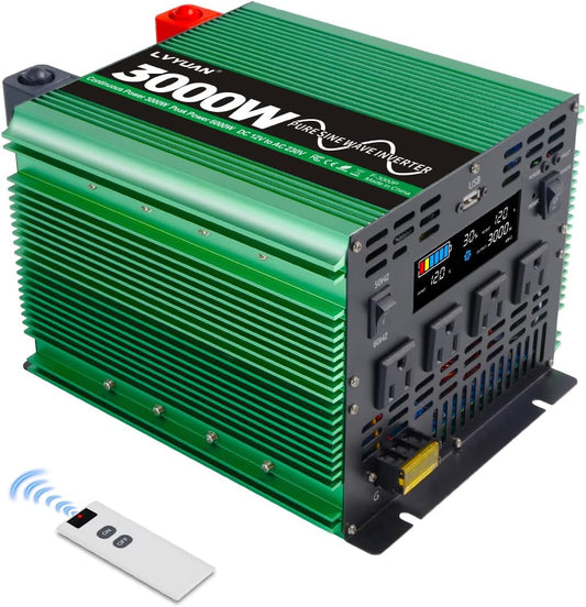 LVYUAN 3000W Pure Sine Wave Power Inverter 12V DC to 110V AC Converter with LCD Display, 4 AC Outlets, USB Port & Remote Control for RV, Home, Car, Camping