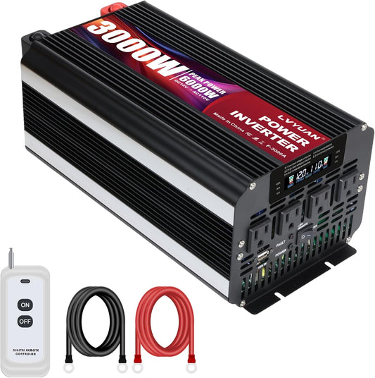 LVYUAN 3000W Power Inverter 12V to 110V/120V with 4 AC Outlets, LCD Display & Remote - for RV, Truck, Solar Systems & Off-Grid Use