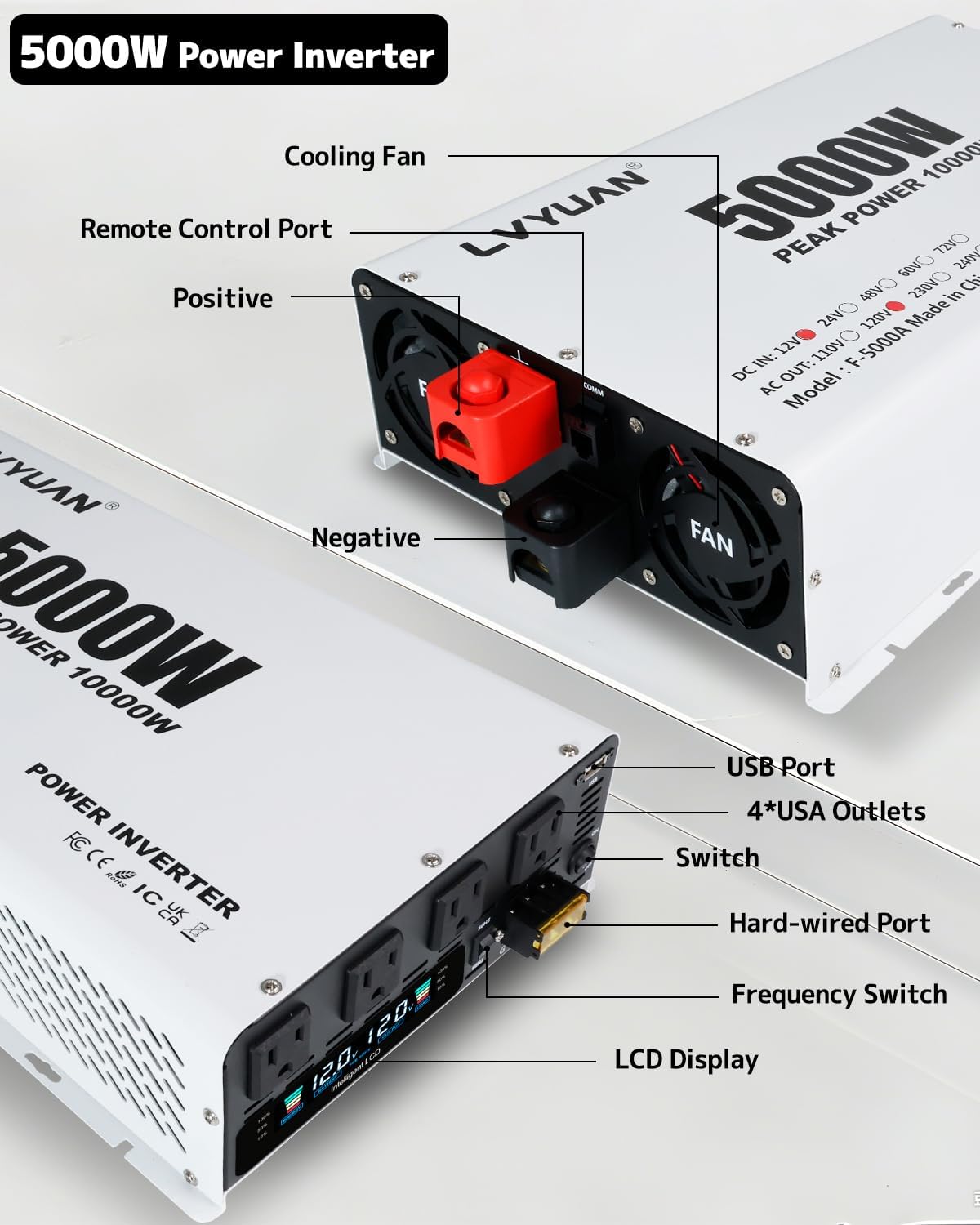 LVYUAN 5000W Power Inverter 12V to 110V/120V DC to AC Converter - 4 AC Outlets, LCD Display, USB Port & Remote Control for RV, Camping & Home