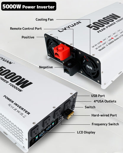 LVYUAN 5000W Power Inverter 12V to 110V/120V DC to AC Converter - 4 AC Outlets, LCD Display, USB Port & Remote Control for RV, Camping & Home