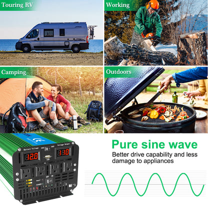 LVYUAN Onduleur à onde sinusoïdale pure 4000 W Convertisseur 12 V à 110 V (crête) 8000 W avec 4 prises, écran LED, télécommande et port USB pour voiture, camping-car, camion, essentiels de voyage, urgence