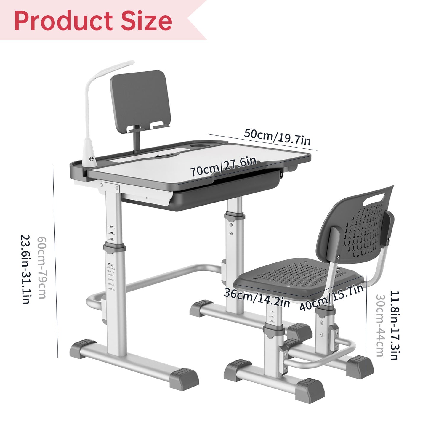 LVYUAN Kids Study Desk and Chair Set Height Adjustable Children School Study Drawing Desk Chair with LED Lamp, Tilt Desktop, Storage Drawer, Book Stand Grey